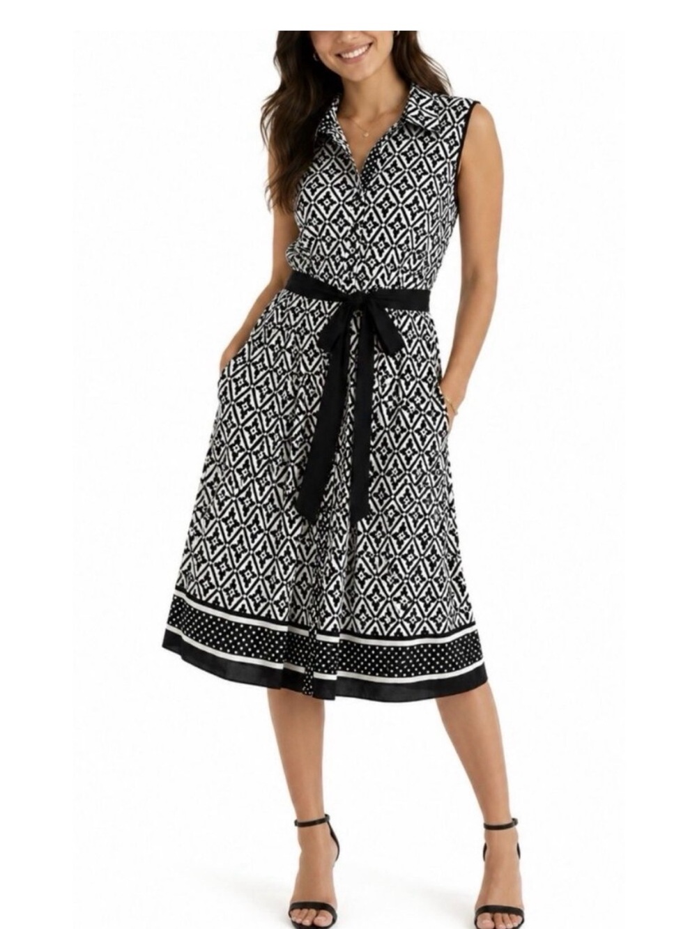 EUC Talbots Sleeveless Black & White Printed A-Line Dress with Tie Belt. Size 12